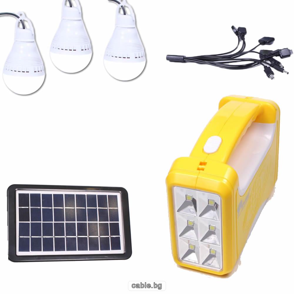 Автономен соларен комплект DP-6003A, фотоволтаичен панел 3.5W, 3 LED лампи по 3W, прожектор, вградена батерия, USB кабел с 10 накрайника, жълт
