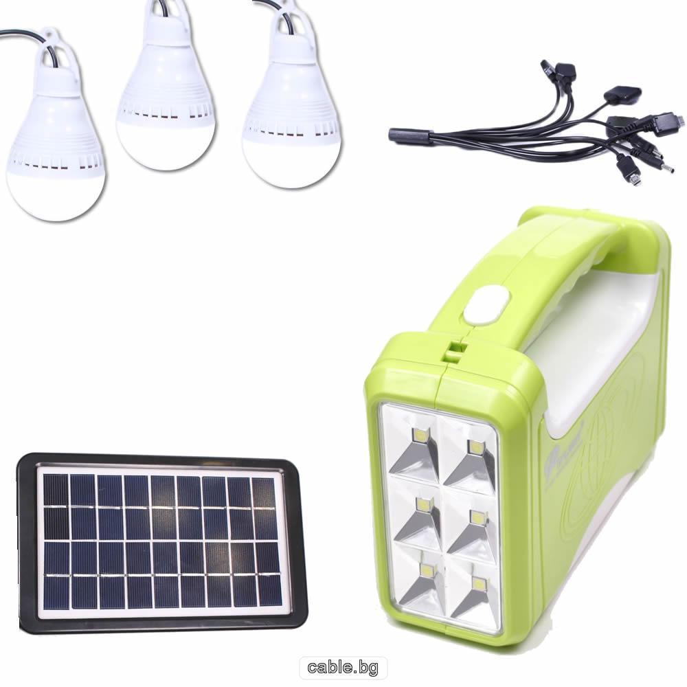 Автономен соларен комплект DP-6003A, фотоволтаичен панел 3.5W, 3 LED лампи по 3W, прожектор, вградена батерия, USB кабел с 10 накрайника, зелен