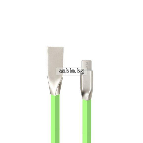 Кабел USB 2.0 A - Micro USB B, силиконов, лентов, метални конектори, високоскоростен, зелен, 1 метър