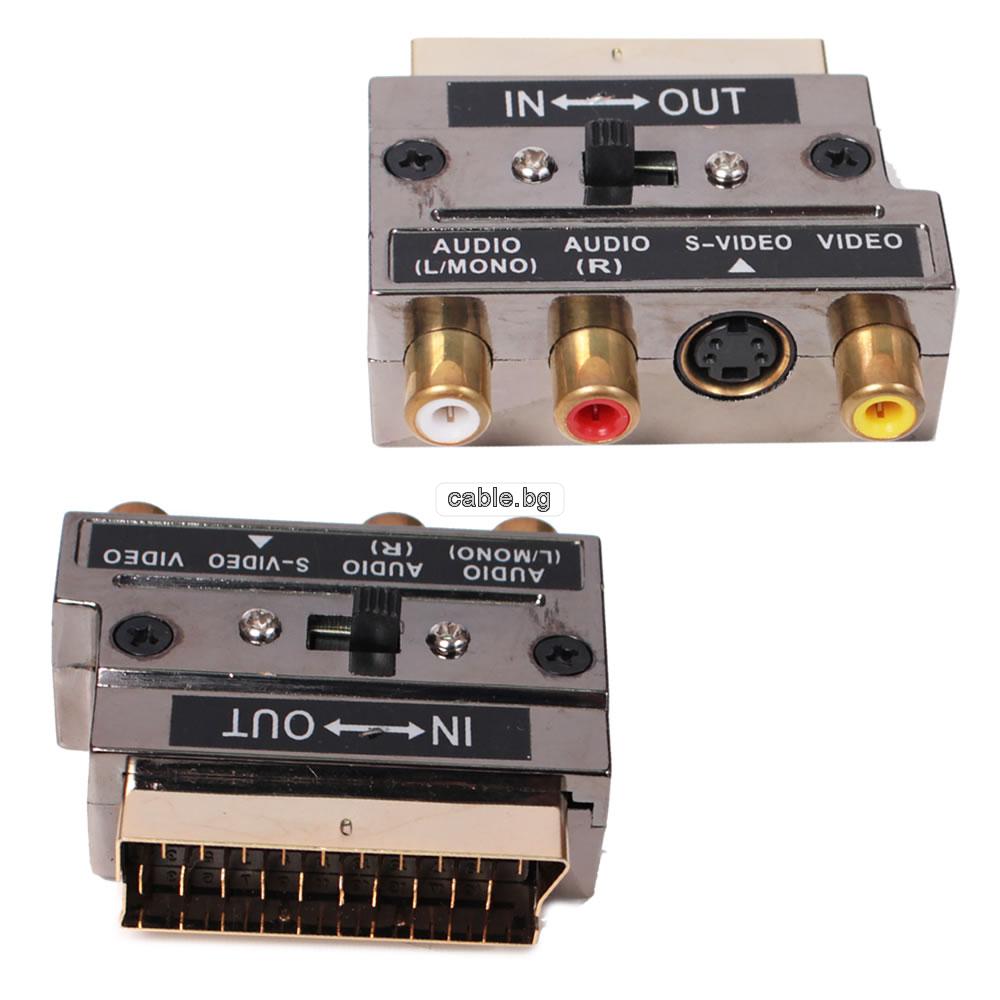Аудио видео конектор, преход SCART 21пина мъжки + 3RCA и 1SVHS женски, метален, позлатени конектори, SCART 56S