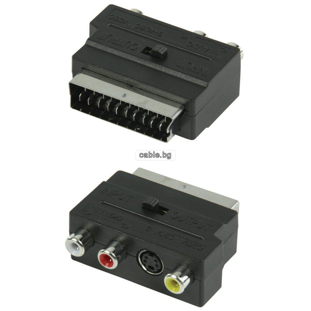 Аудио видео конектор, преход SCART 21 пина мъжки + 3RCA и 1SVHS женски, пластмасов, черен, SCART 56