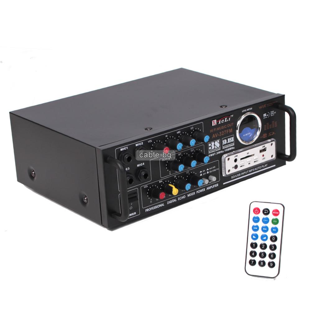 Усилвател TELI AV-327FM, USB, SD/MMC карта, FM радио, 4микрофонни входа, дистанционно, 2x50W