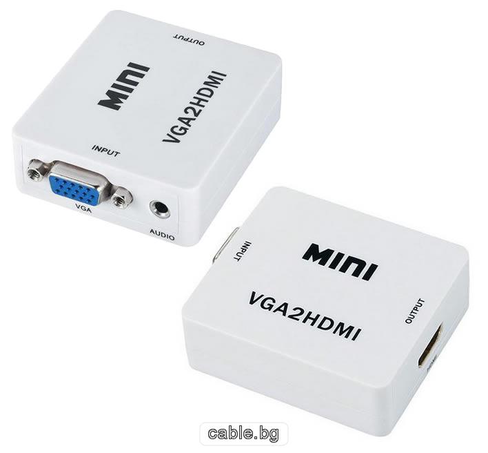 Конвертор VGA и 3.5mm Stereo jack към HDMI, в комплект с кабел за захранване 5V USB към mini USB и Stereo jack 3.5мм