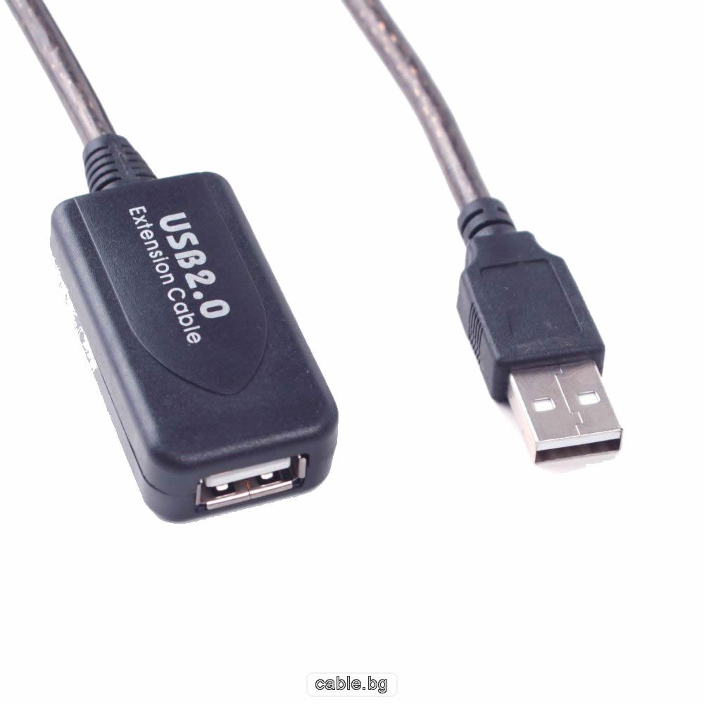 Кабел USB 2.0 удължител, усилва сигнала, USB A мъжки - USB A женски, силиконов, 5метра