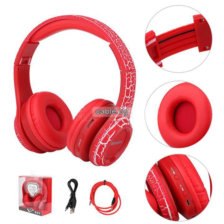 Безжични слушалки MS-992A, Bluetooth, MP3 плеър, FM радио, micro SD вход, вграден микрофон, червени