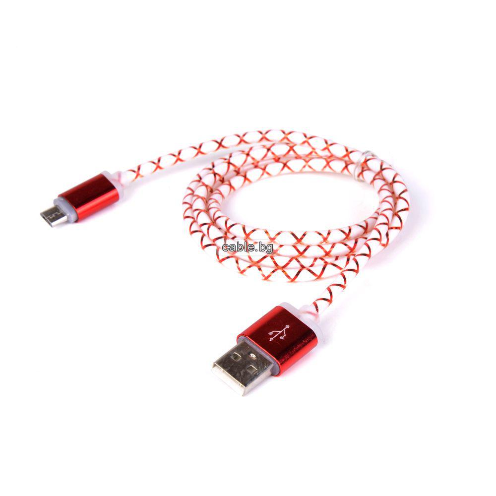 Кабел USB 2.0 A - Micro USB B, силиконов, светещи синьо конектори, червен, 1 метър