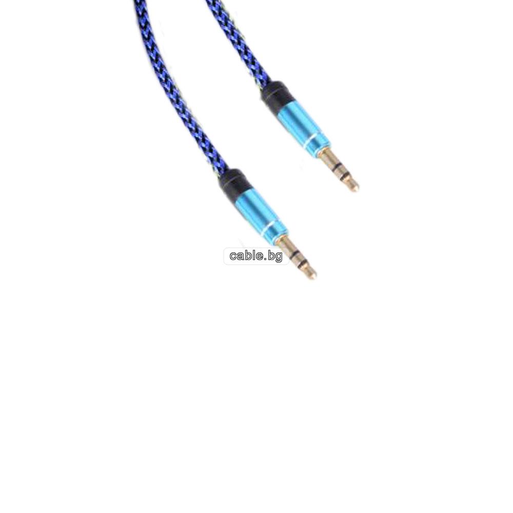 Аудио кабел Stereo Jack 3.5mm, позлатени конектори, текстилен, син, 1 метър