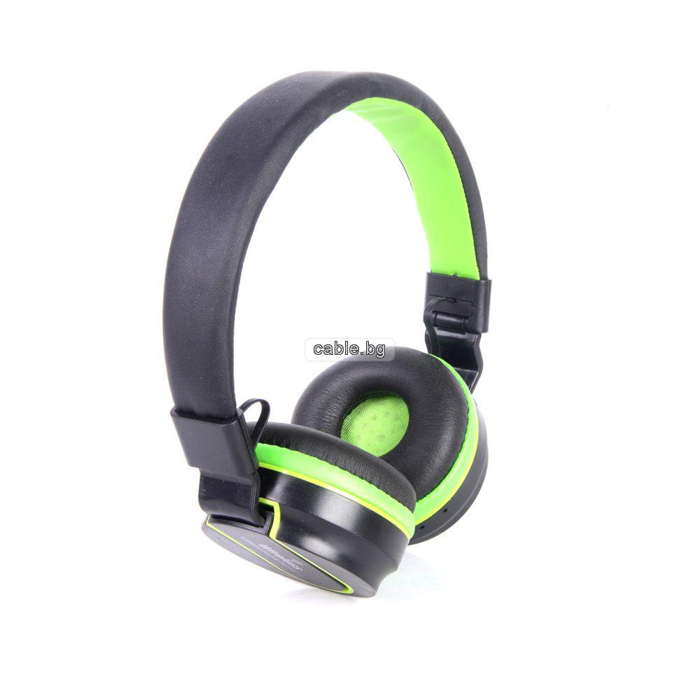Безжични слушалки AZ-01, Bluetooth, MP3 плеър, FM радио, вграден микрофон, Черен/Зелен
