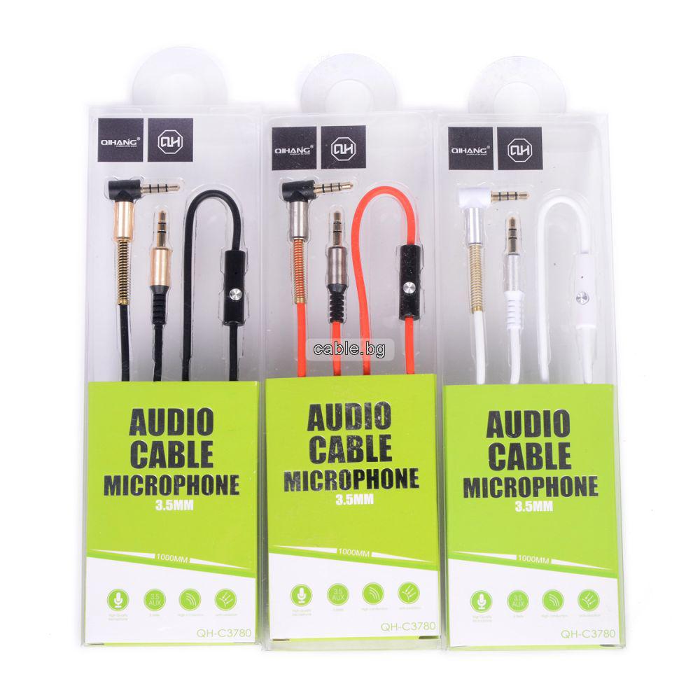 AUX кабел с микрофон, Аудио кабел Stereo Jack 3.5mm, 90 градуса, позлатени конектори, черен, 1 метър