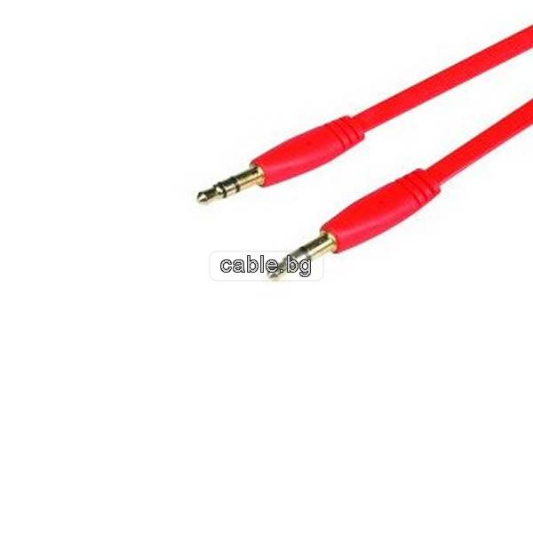 Аудио кабел Stereo Jack 3.5mm, позлатени конектори, плосък, червен, 1 метър