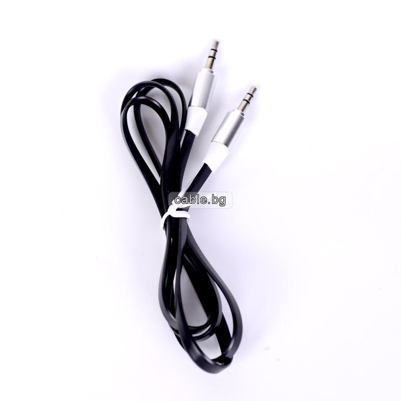 Аудио кабел Stereo Jack 3.5mm, метални конектори, лентов, силиконов, черен, 1 метър