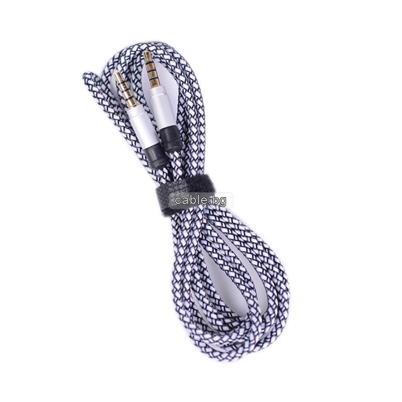 Аудио кабел Stereo Jack 3.5mm, позлатени конектори, текстилен, черен, 1 метър