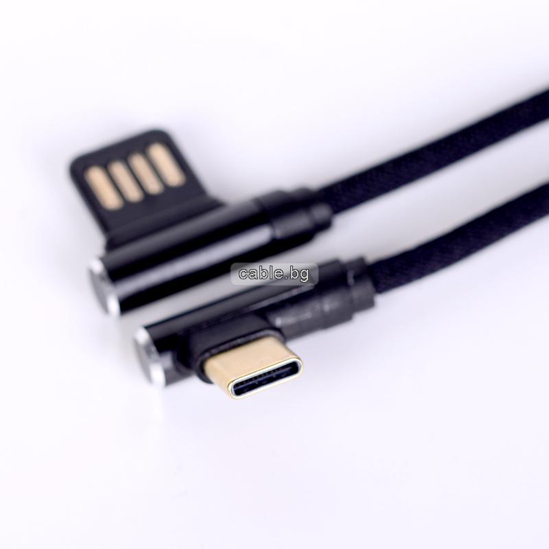 Кабел USB TYPE C, за Трансфер на Данни и Зареждане, текстилен, черен, 1 метър