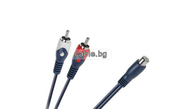 Аудио кабел, разклонител на чинчове, 2RCA мъжки - 1RCA женски, 0.2метра, син