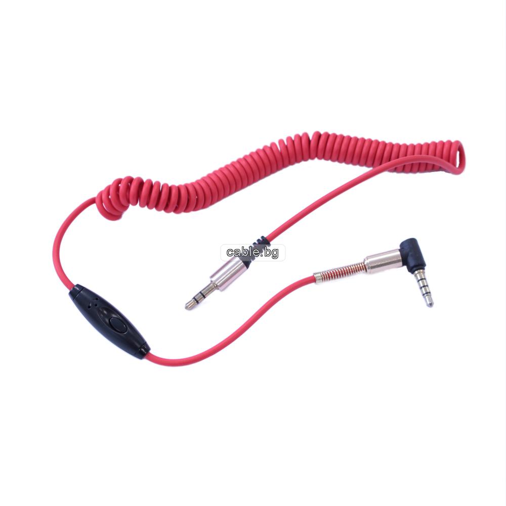 Аудио кабел Stereo Jack 3.5mm, 90 градуса, с микрофон, позлатени конектори, спираловиден, висококачествен, червен, 1 метър