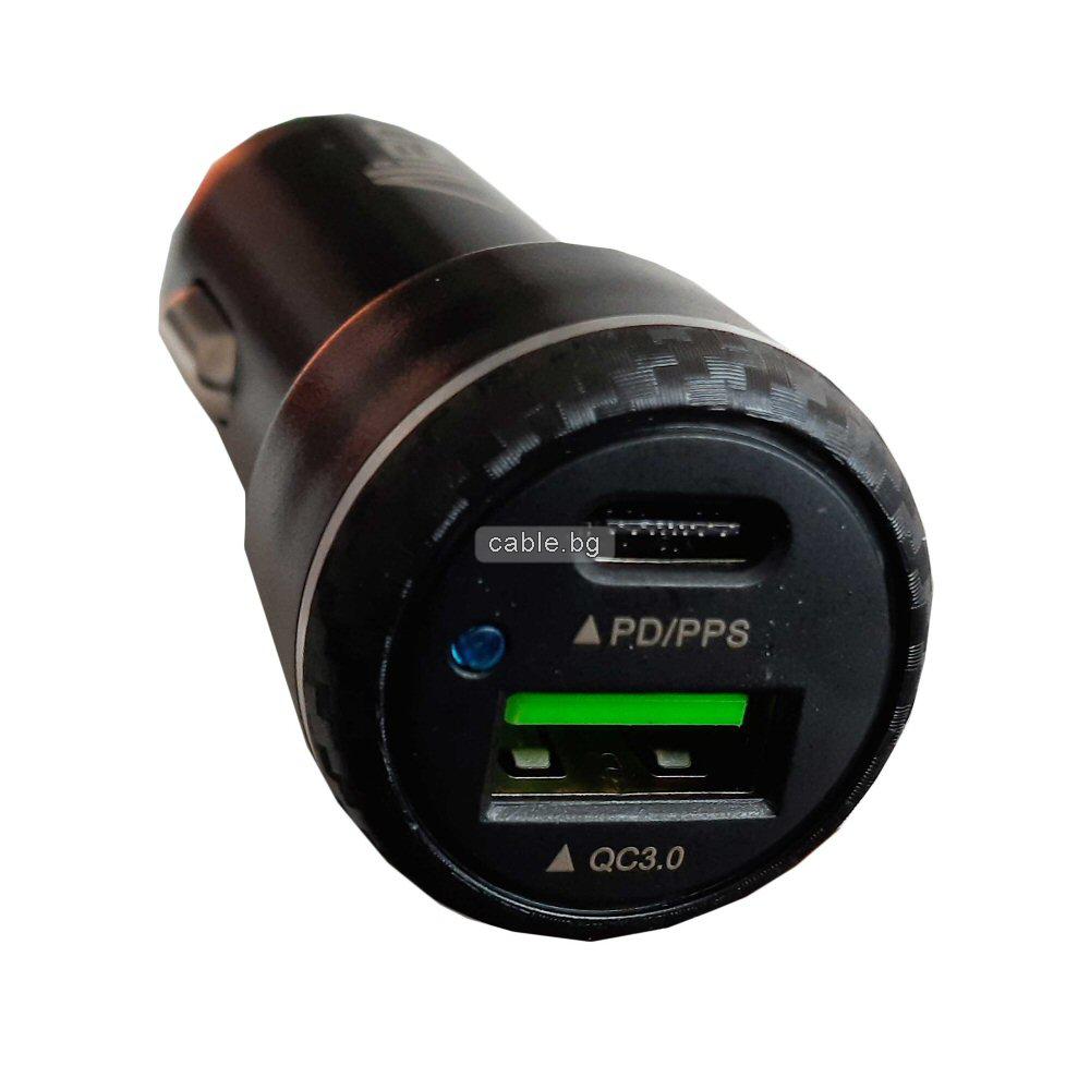 Адаптор за автозапалка TX568C, 12-24V, 3000mA, USB, TYPE C, бързо зареждане