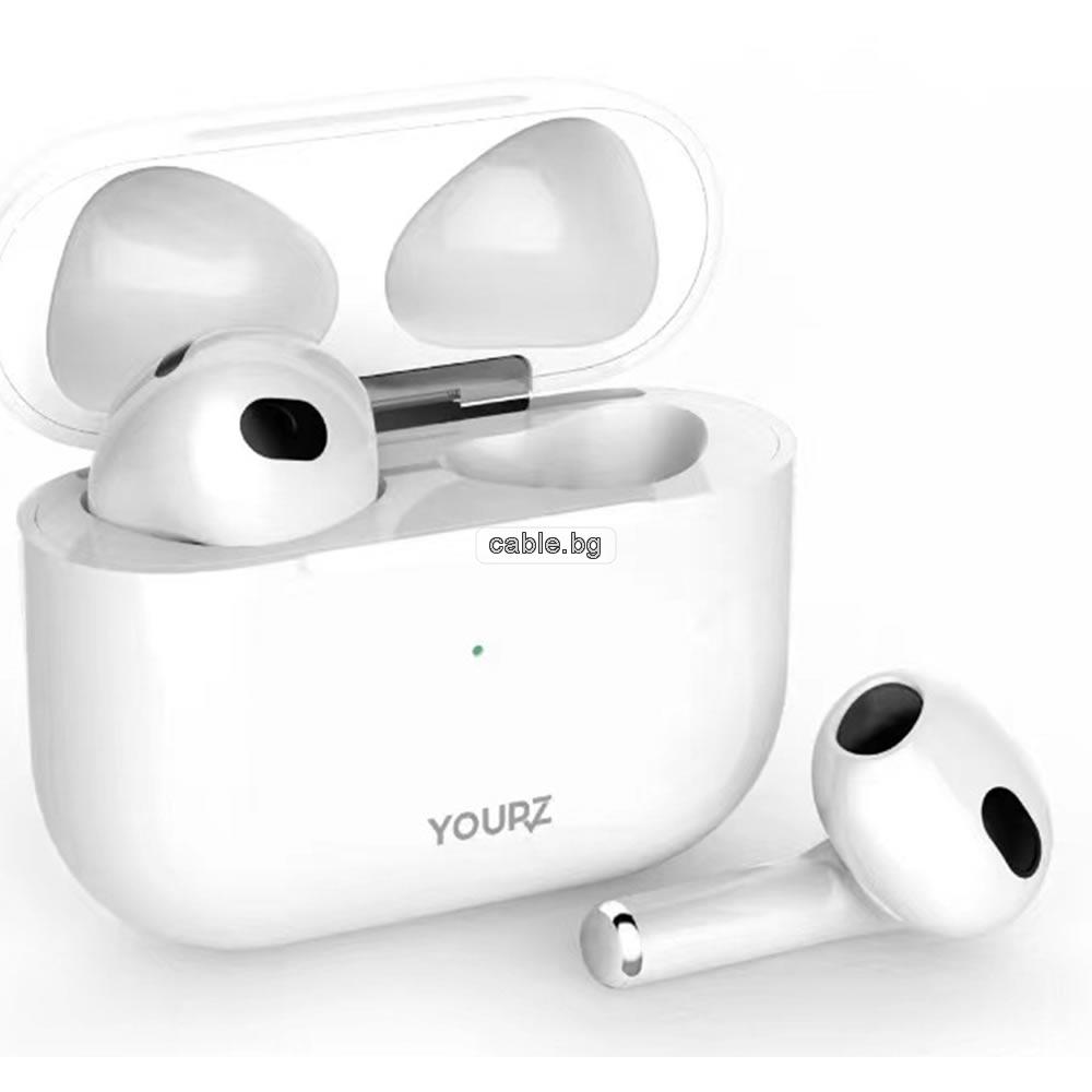 Безжични слушалки YOURZ-soulmate5, Със зареждащ кейс, Bluetooth V5.0, Удобни за спорт, Handsfree, микрофон, Бели