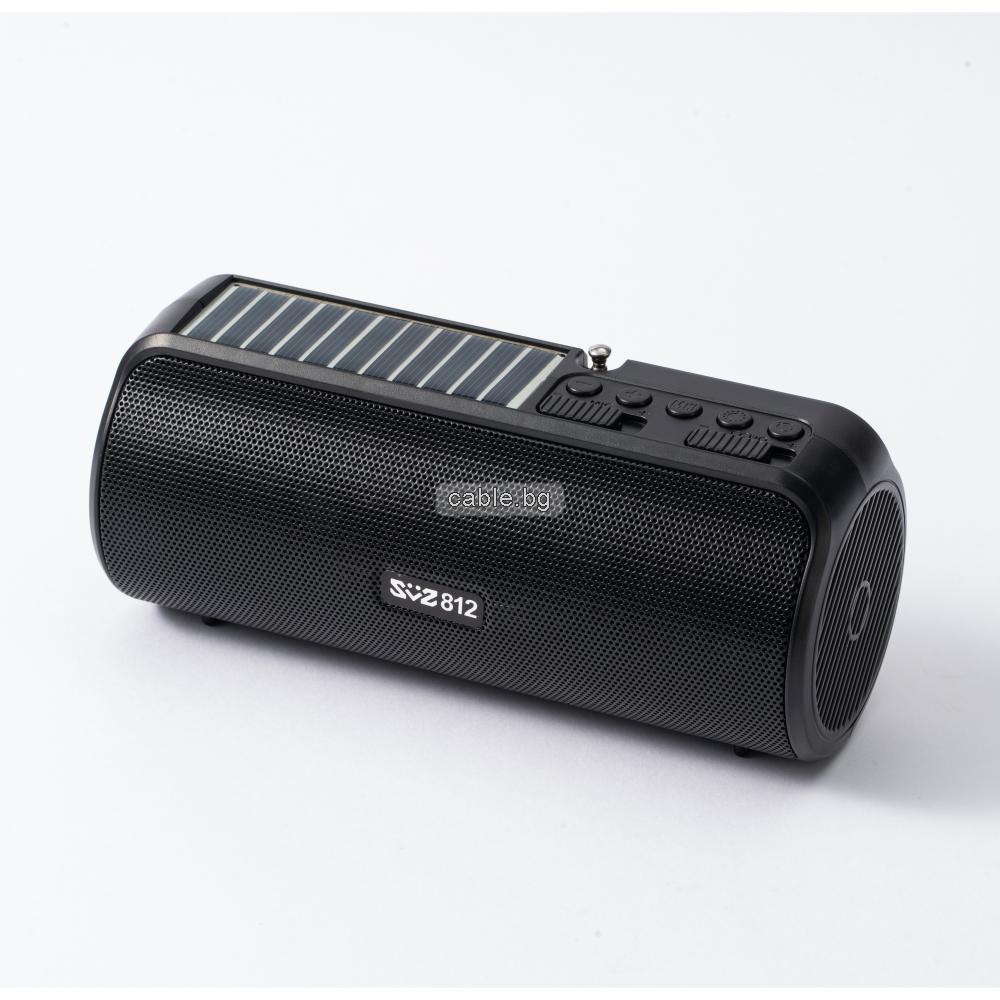 Bluetooth колонка 812, Соларен панел, FM радио, TWS, вградена батерия, USB/micro SD CARD, черна