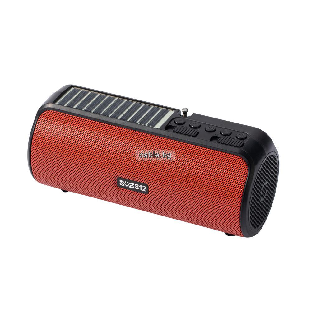 Bluetooth колонка 812, Соларен панел, FM радио, TWS, вградена батерия, USB/micro SD CARD, вградена батерия, червена