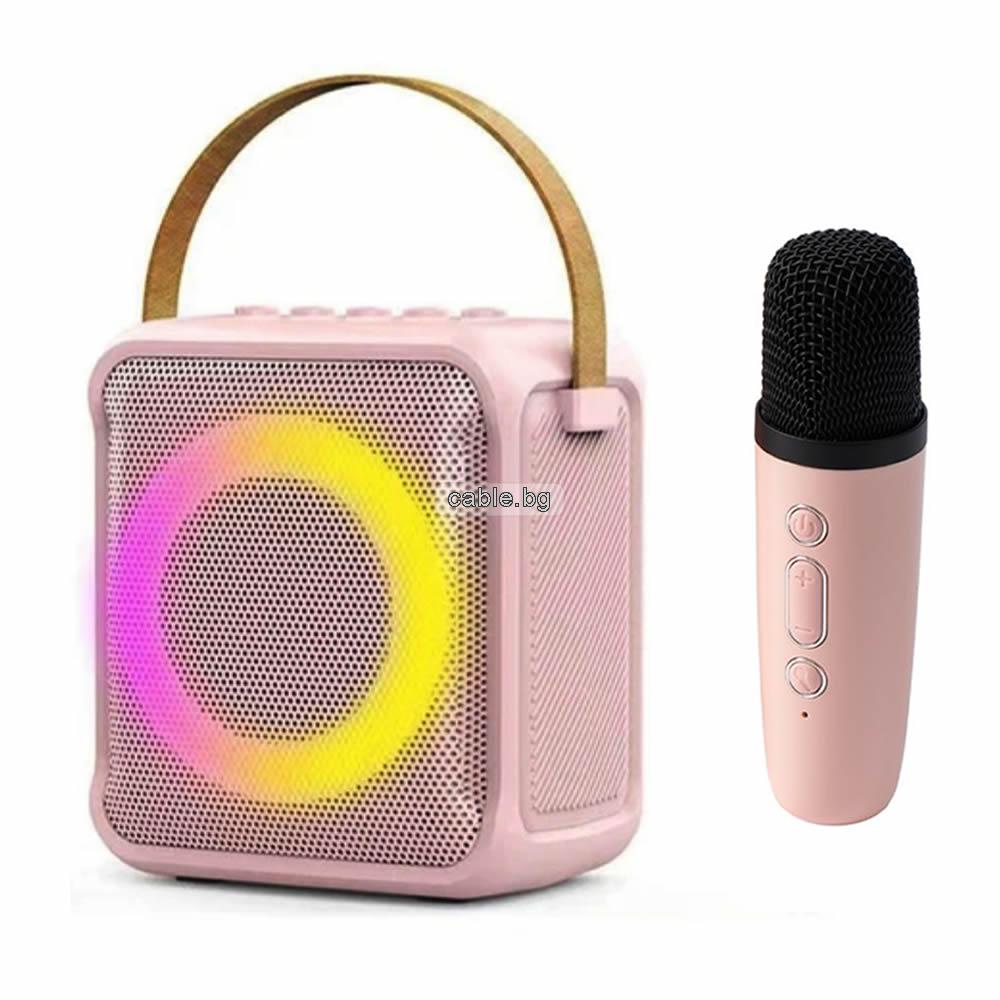 Караоке колонка с Безжичен микрофон RK-02, Гласови ефекти, LED светлини, FM радио, Bluetooth, AUX, USB/micro SD CARD, розова
