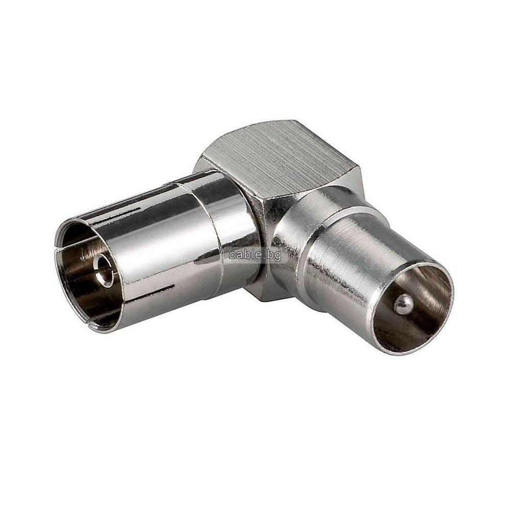 Конектор преход F-629+FEMALE,TV антенен женски към антенен мъжки, ъглов, метален