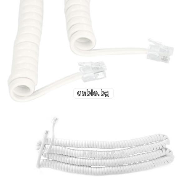 Телефонен кабел спирала RJ10 за телефонна слушалка, RJ10 4P4C, бял, 7.5  метра