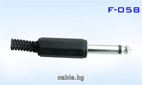 Конектор F-058, Mono jack 6.3mm мъжки, за монтаж към кабел, пластмасов, черен