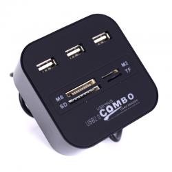USB разклонител + Четец за карти, 3 порта USB 2.0, четци за карти SD, micro SD, micro M2, MMC