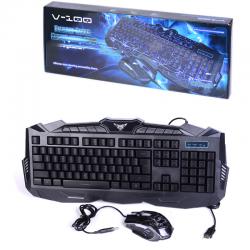 Комплект Kлавиатура и Mишка V-100, жични, USB конектор, RGB подсветка, мултимедийни буто