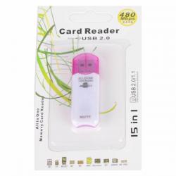 Четец за карти microSD/ SD/ SDHC/ MS Duo Pro, Card Reader USB 2.0, HFS 15 in 1, Лилав