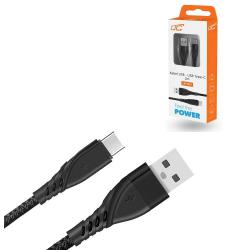 Кабел USB TYPE C, за Трансфер на Данни и Зареждане, текстилен, черен, 2 метра
