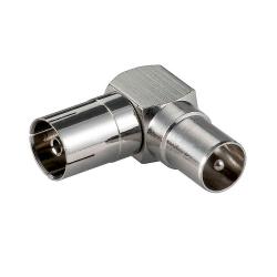 Конектор преход F-629+FEMALE,TV антенен женски към антенен мъжки, ъглов, метален